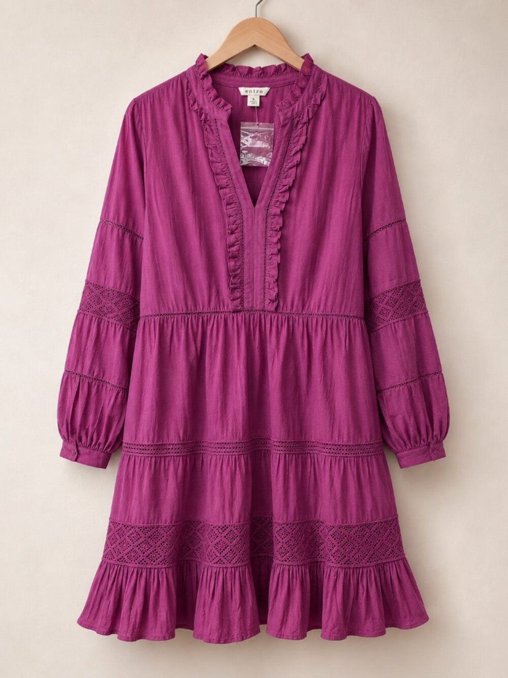 Sundance Bromlee Ruffle Dress Plum Purple L  NWT Lace Inset Boho